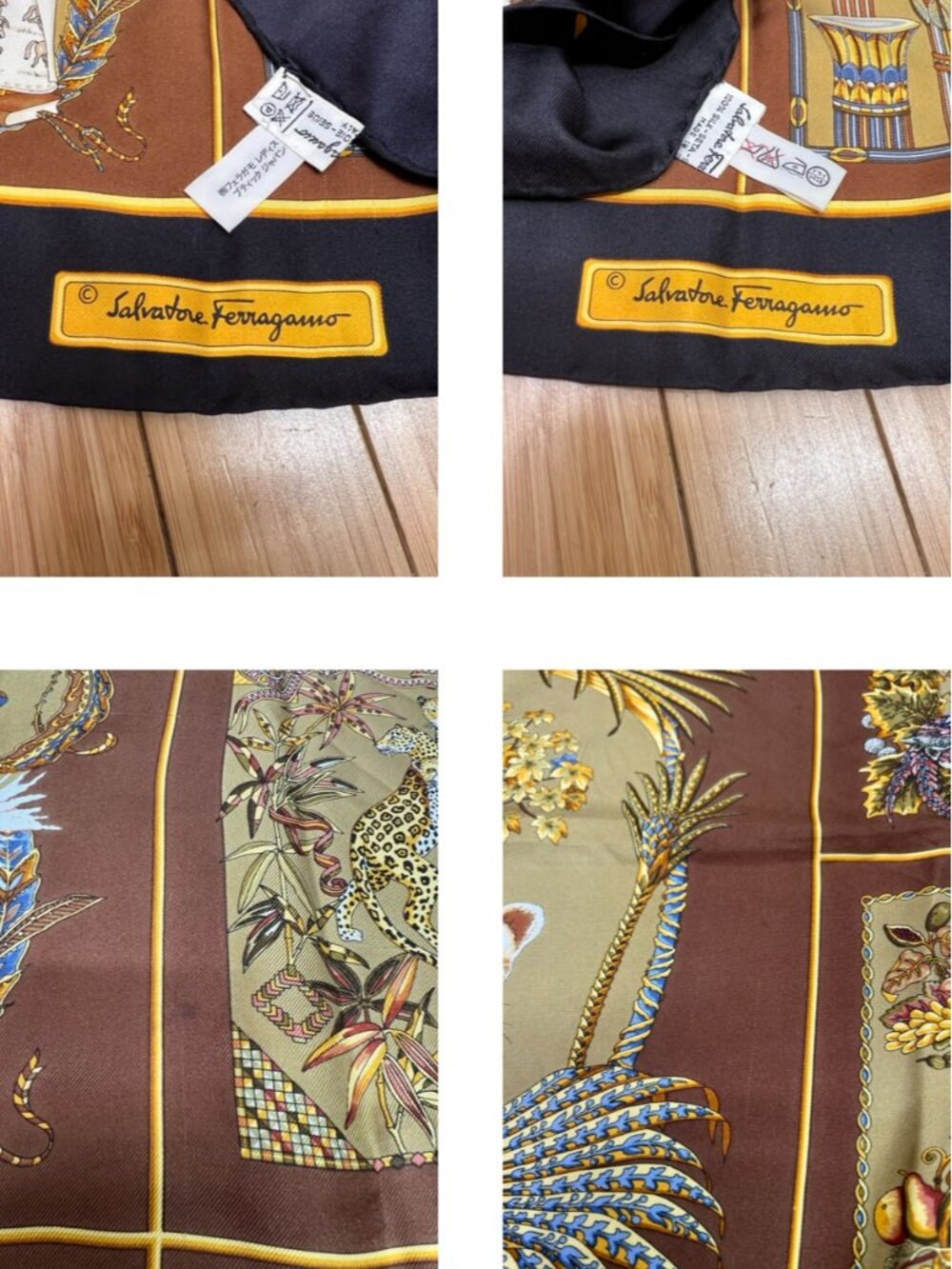Leopard-Tiger Family Salvatore Ferragamo Scarf SilkSatin 34" Gold Brown (27 - Picture 6 of 15